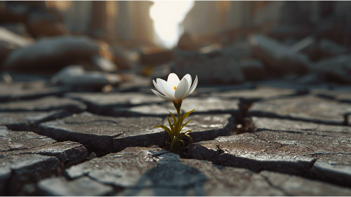A white flower blooming through cracked debris — a symbol of resilience, healing, and returning to peace after chaos.