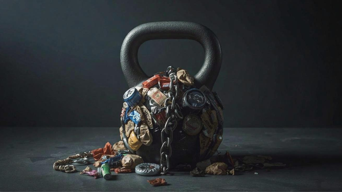 A kettlebell-shaped weight constructed from crumpled food wrappers, cans, and packaging, resting on a dark floor.