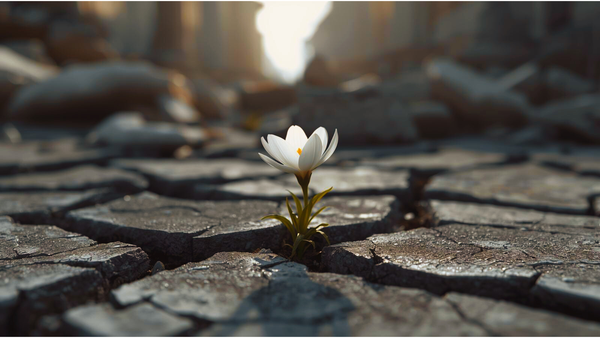 A white flower blooming through cracked debris — a symbol of resilience, healing, and returning to peace after chaos.