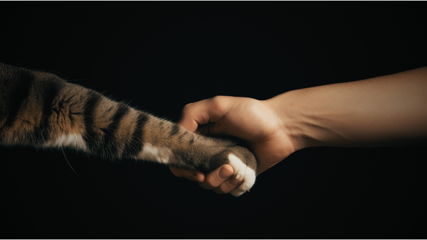 hand clasping cat paw — grief, ritual, and loss.