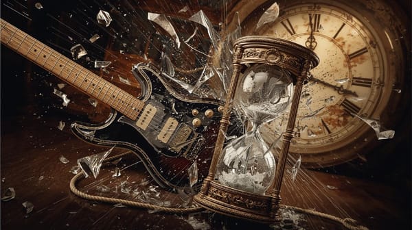 electric guitar smashing clock and hourglass signifying the defiance of youth toward time passing