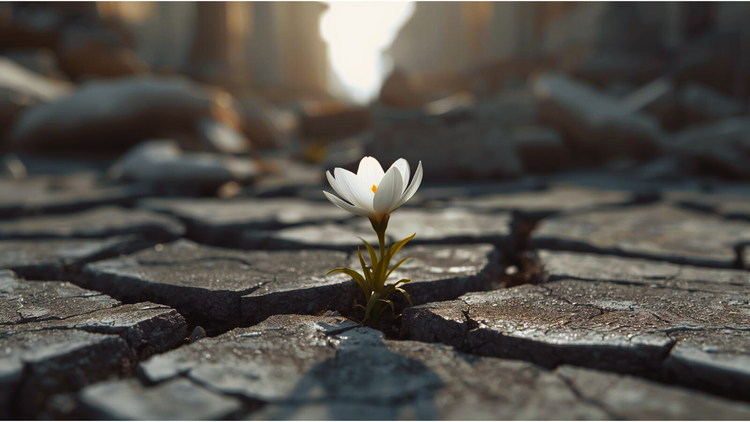 A white flower blooming through cracked debris — a symbol of resilience, healing, and returning to peace after chaos.