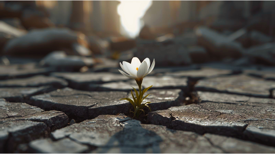 A white flower blooming through cracked debris — a symbol of resilience, healing, and returning to peace after chaos.