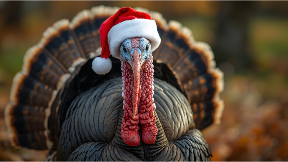 A turkey weating a Santa hat, staring straight ahead with an unimpressed expression